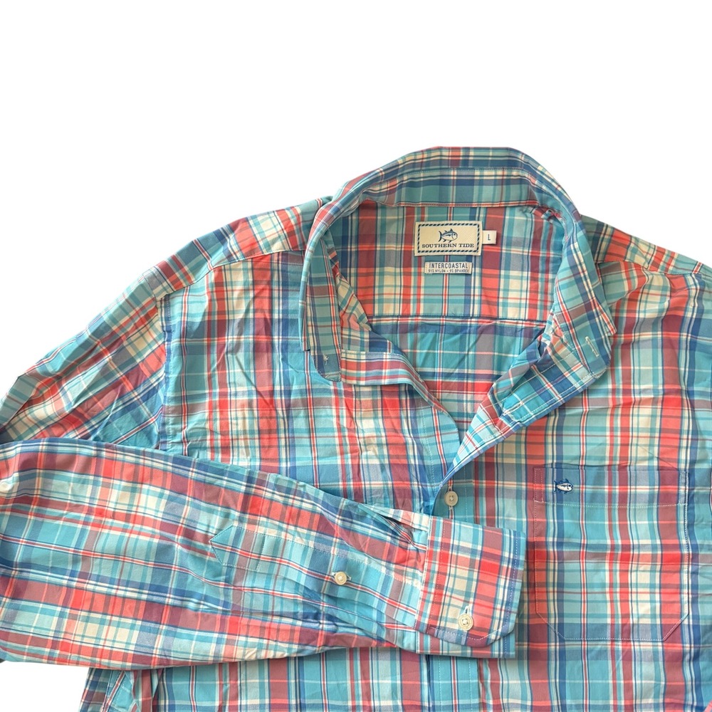 Southern Tide Intercoastal Mens Large Blue Coral Plaid Performance Shirt Utility